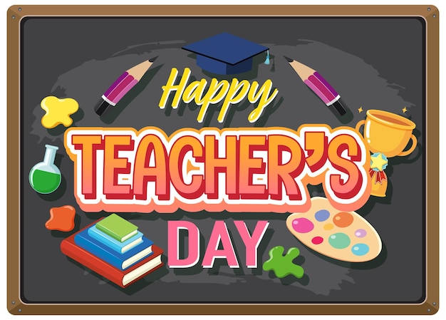 Happy Teacher's Day with a female teacher pointing on chalkboard