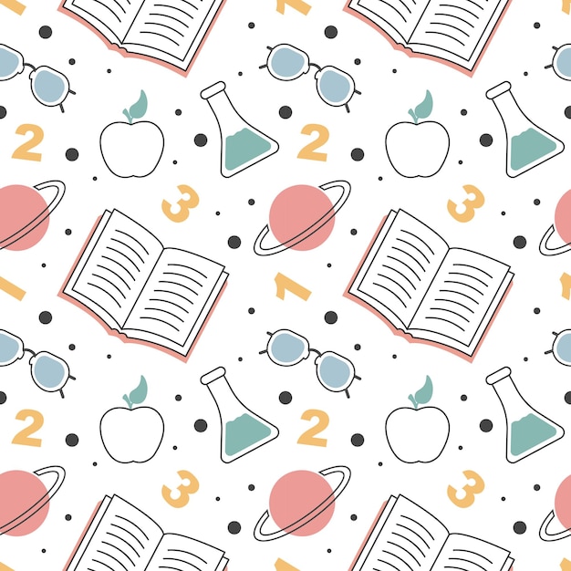 Insegnante felice seamless pattern design elementi di stile educativo nell'illustrazione disegnata a mano del modello