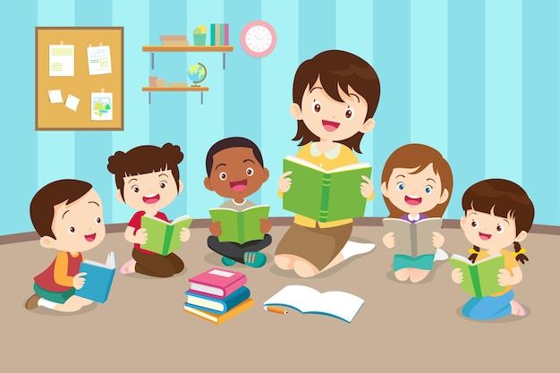 Vector happy teacher with boy and girls learning or studyingchildren with back to school concept education