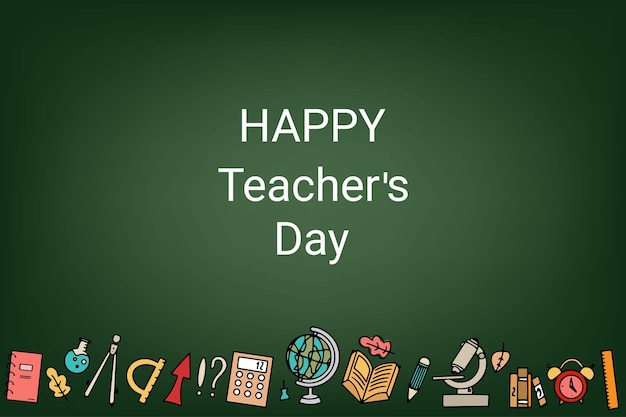 Happy Teacher39s Day 벡터 카드에는 비문이 포함되어 있습니다. 인사말 카드 레이아웃 로고 스탬프 또는 Teacher39s Day 손으로 그린 학용품 및 잎 배너를 위한 디자인