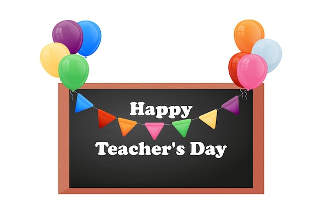 教師の日の祝賀バナー ベクター・チャークボード 白い背景の色のバルーンと旗