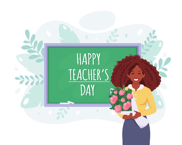 Happy teachers day Black female teacher with flowers in classroom