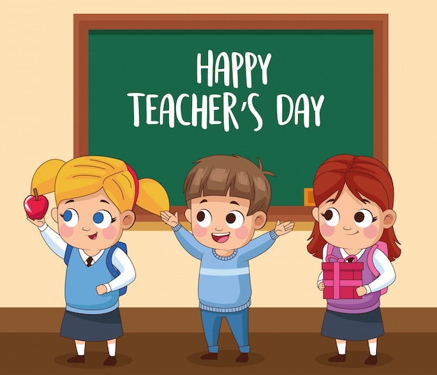 Happy teachers day card with students in the classroom