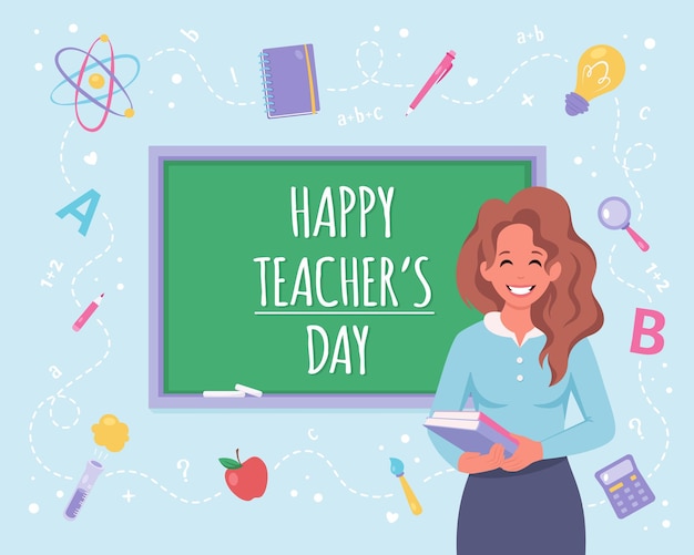 Happy teachers day Female teacher in classroom with chalkboard