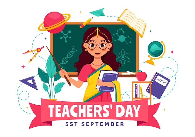 happy teachers day in india vector illustration featuring teacher wearing traditional clothes and school equipment in a flat cartoon background