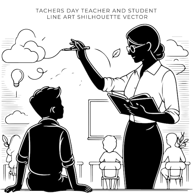 Happy Teachers Day line art coloring page lady teacher teaching silhouette vector