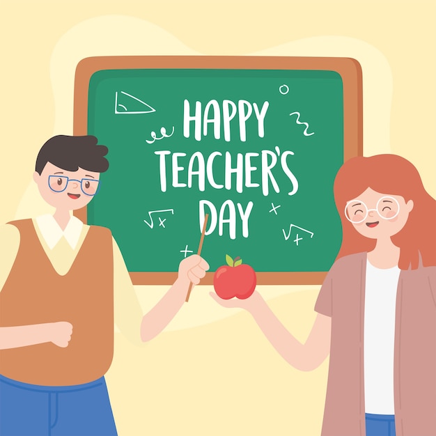 Insegnante felice giorno, maschio e femmina con mela e lavagna