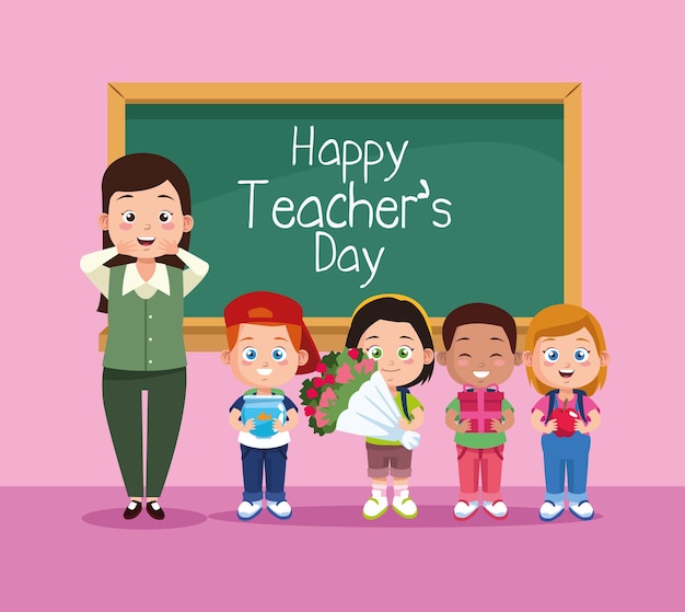 Happy teachers day scene with teacher and kids in classroom.