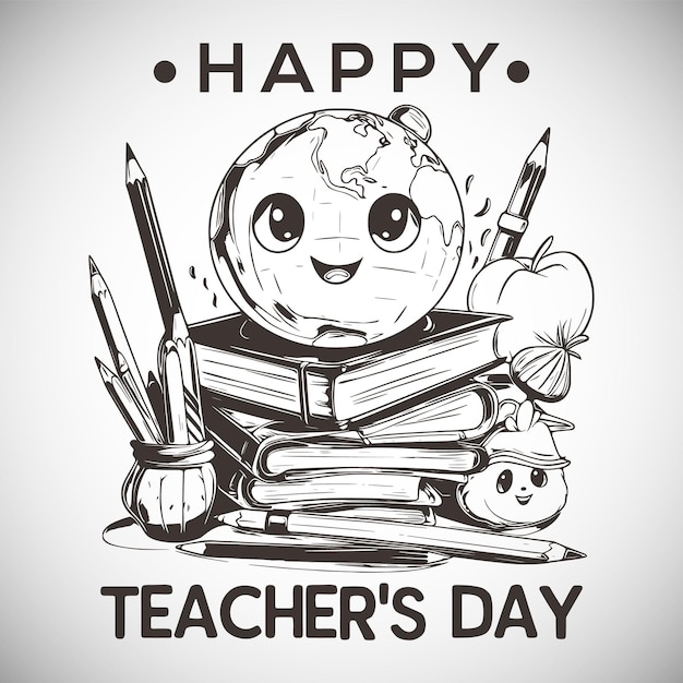 Happy teachers day sketch art with flower books pencil apple globe