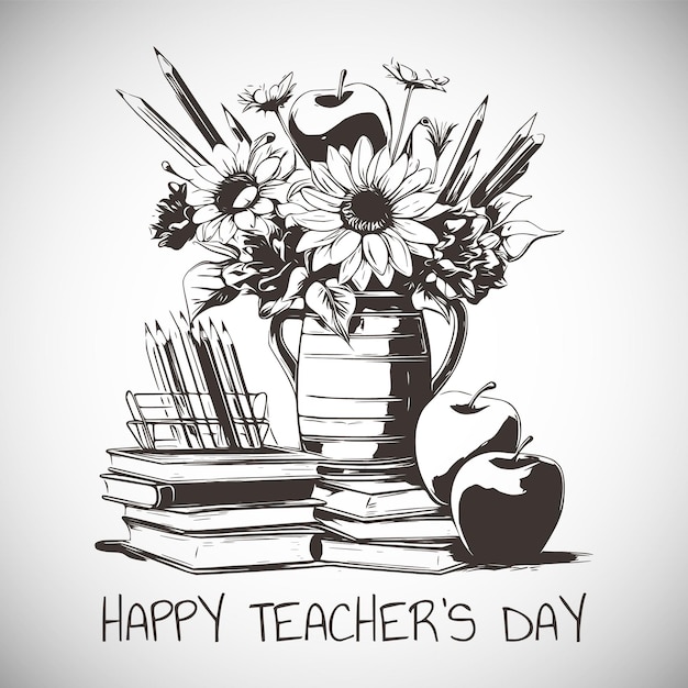 Happy teachers day sketch with flower books pencil apple