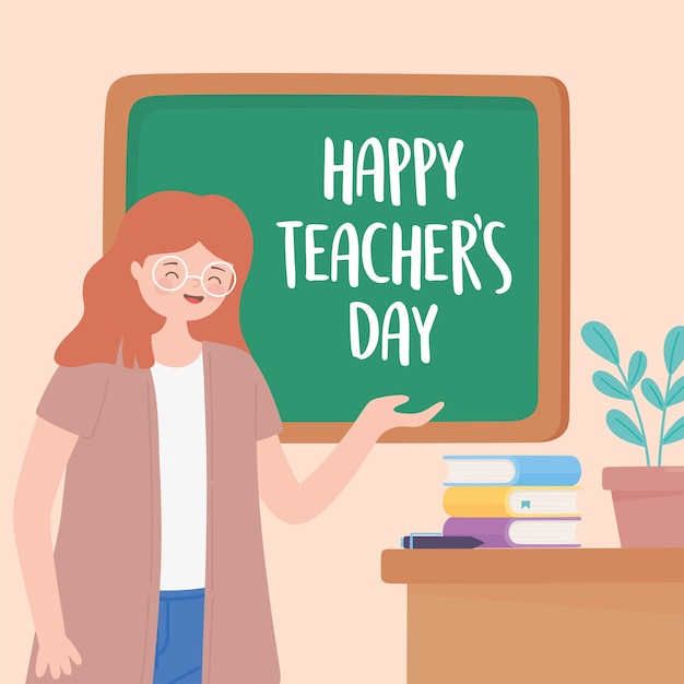 happy teachers day, teacher lesson desk chalkboard books and plant