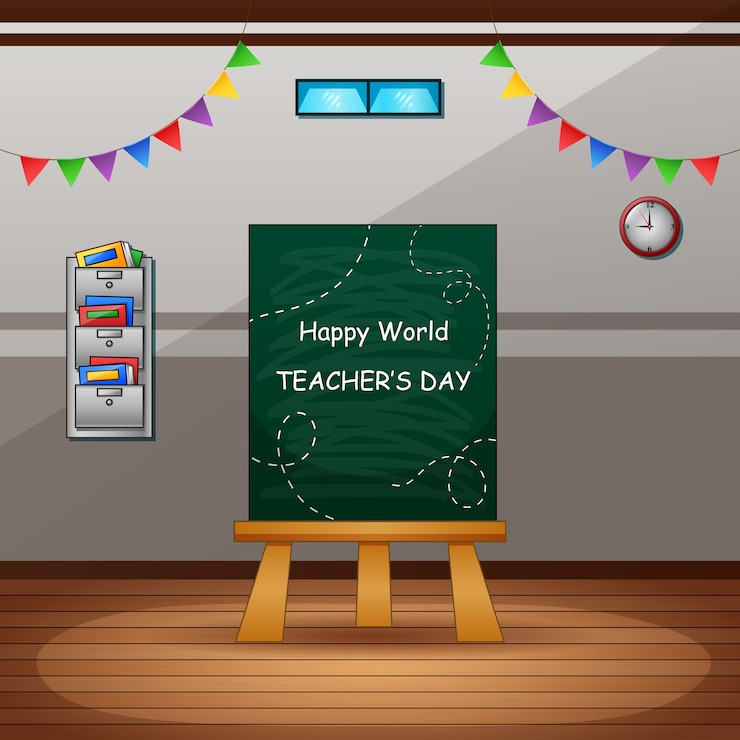 वेक्टर happy teachers day with green chalkboard on classroom