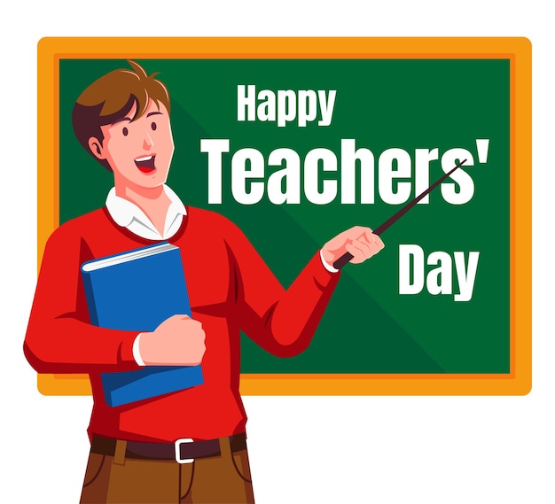 Happy teachers day with male teacher and chalkboard