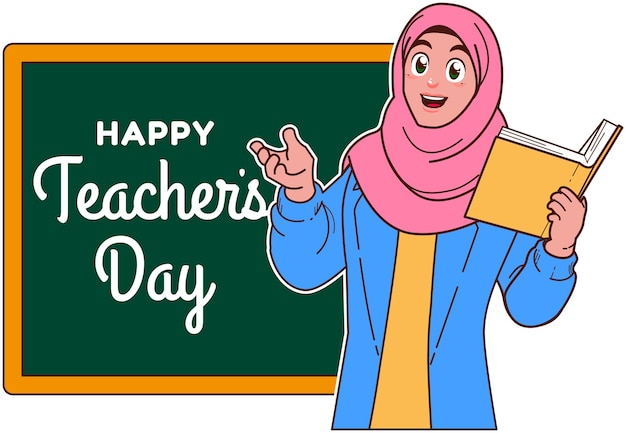 Vector happy teachers day with muslim female teacher and blackboard