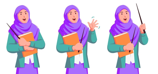 Vector happy teachers day with muslim female teacher holding book