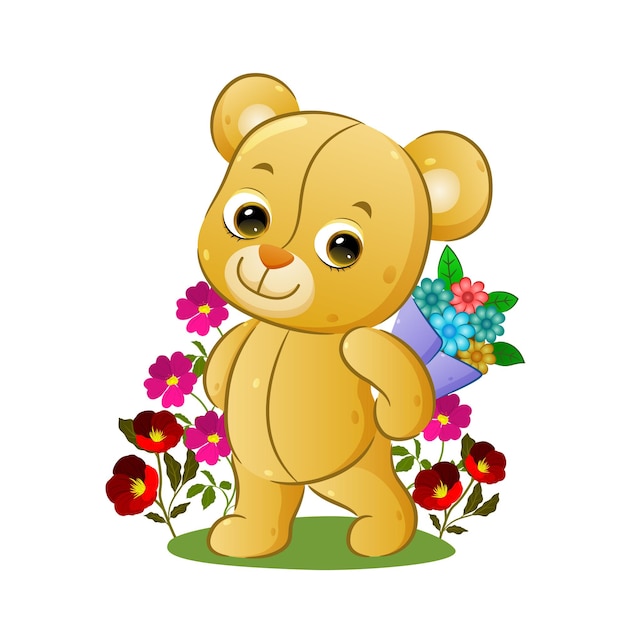 Vector the happy teddy bear is holding a bucket of flowers behind his back in the garden of illustration