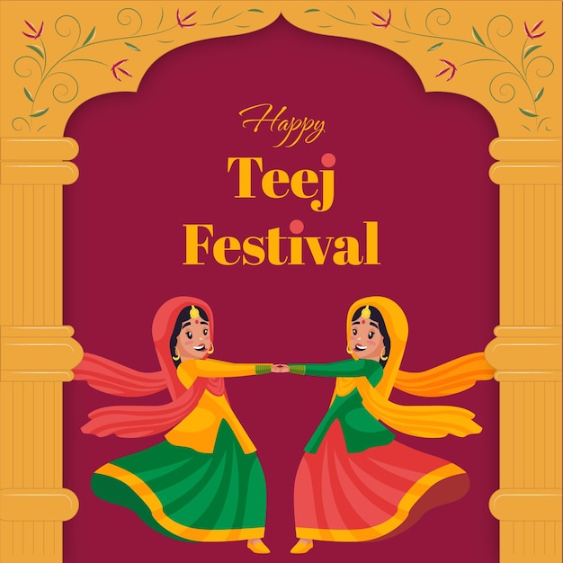 Happy teej Indian festival cartoon style template