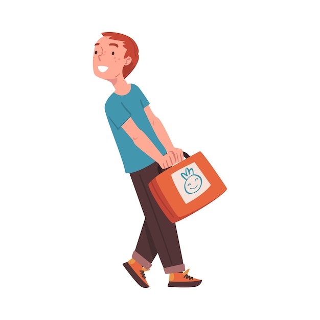 happy teen boy character coming back and returning home carrying suitcase vector illustration