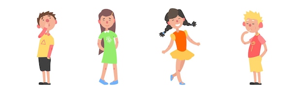 Счастливый мальчик-подросток и девочка, стоящие и улыбающиеся, набор векторных иллюстраций