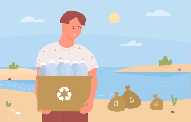 Happy teen volunteer cleaning beach collecting recycling rubbish waste holding box