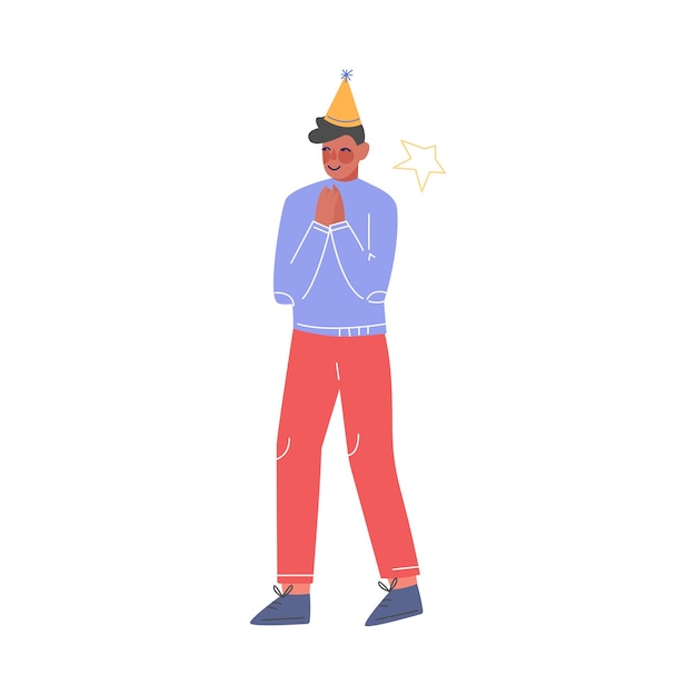 Vector happy teenage boy wearing party hat celebrating birthday christmas or new year cartoon vector illustration