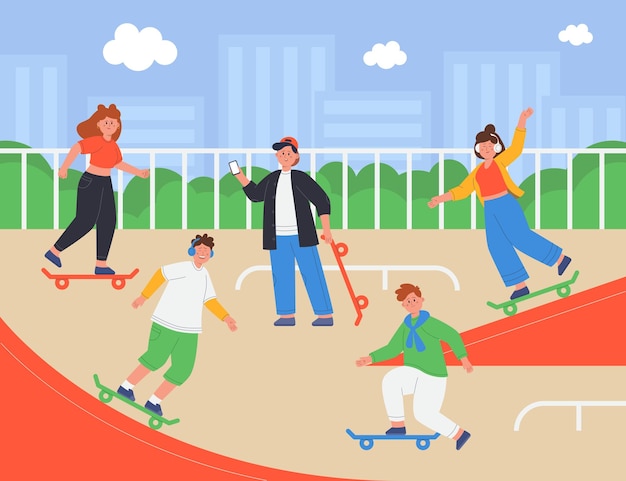 Happy teenage boys and girls riding skateboards at skatepark. young people skateboarding or jumping with skating boards flat vector illustration. outdoor activity, leisure concept for banner