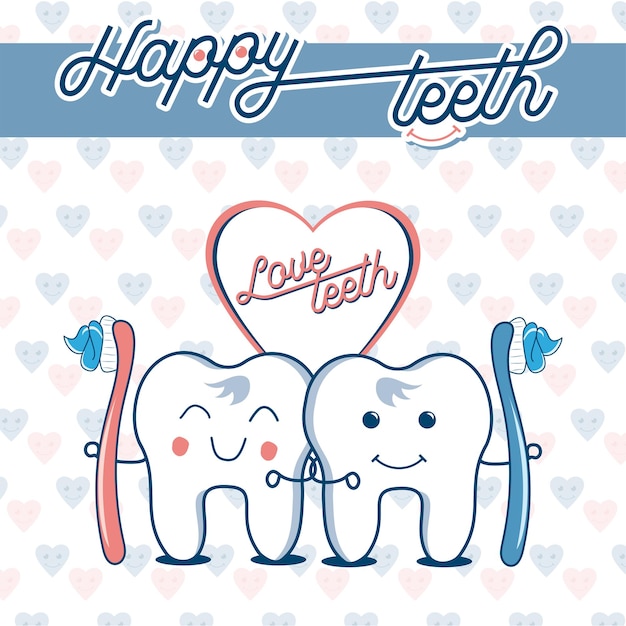 Happy Teeth Мультяшные зубы с зубной щеткой Милый мультфильм о чистке зубов со смайликом