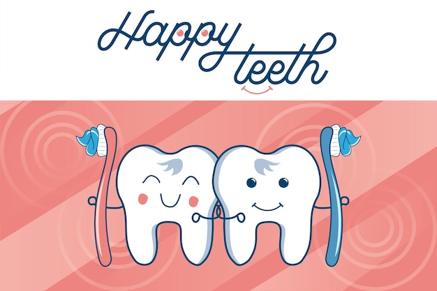 Happy Teeth Mascot Cartoon teeth holding a toothbrush Cute tooth brushing cartoon with smiley face