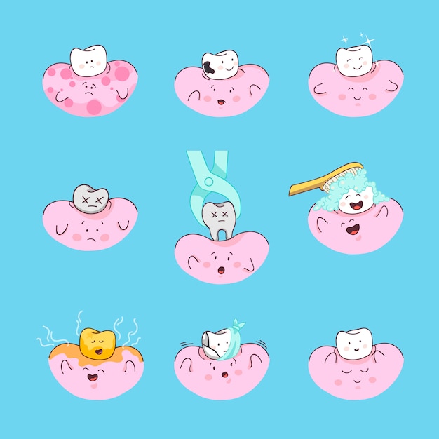 Denti felici con set di gengive. simpatici personaggi con i denti. concetto dentale odontoiatria infantile.