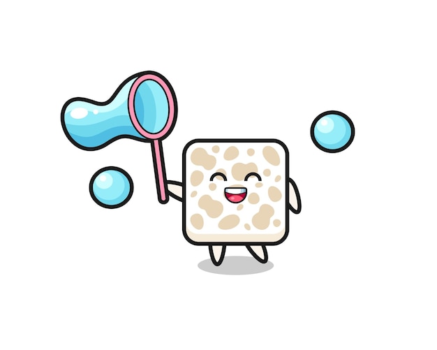 Happy tempeh cartoon playing soap bubble