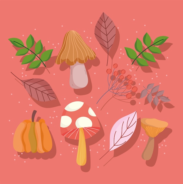 Happy thanksgiving autumn leaves mushroom pumpkin leaves foliage icons