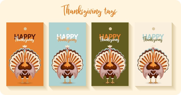 Felice set autunnale del ringraziamento. carte regalo tag sfondo festivo con tacchini divertenti