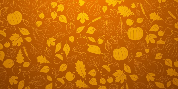 Vector happy thanksgiving background with autumn leaves, vegetables and turkey in orange colors