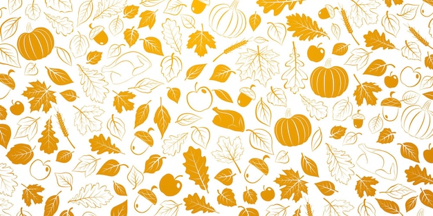 Vector happy thanksgiving background with autumn leaves, vegetables and turkey, orange on white