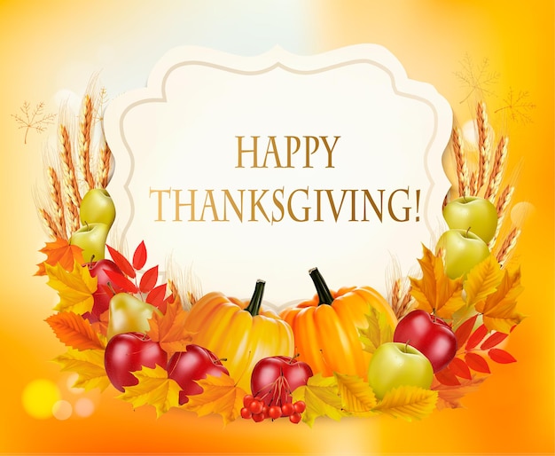 happy thanksgiving background with autumn vegetables and colorful leaves. vector.