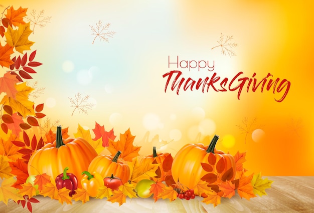 Happy thanksgiving background with autumn vegetables and colorful leaves. vector