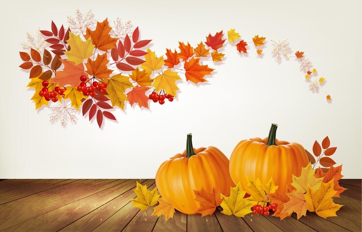 Vector happy thanksgiving background with autumn vegetables and colorful leaves vector