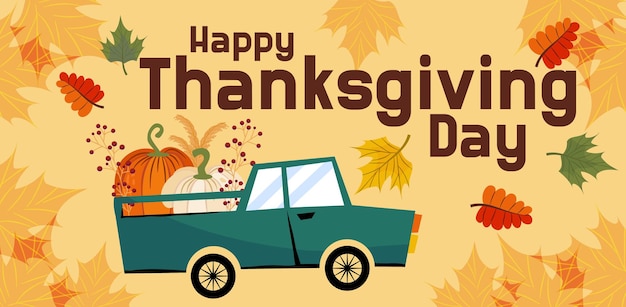 Happy thanksgiving banner of wenskaart voor de herfstvakantie een auto met pompoenen belettering