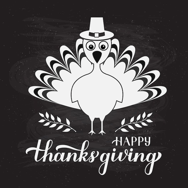 Vector happy thanksgiving calligraphy hand lettering with cute turkey on chalkboard background vector template for greeting card typography poster banner flyer etc