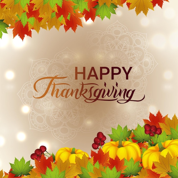 Vector happy thanksgiving card with autumn leaves and pumpkin