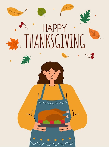 happy thanksgiving card with woman holding turkey festive illustration