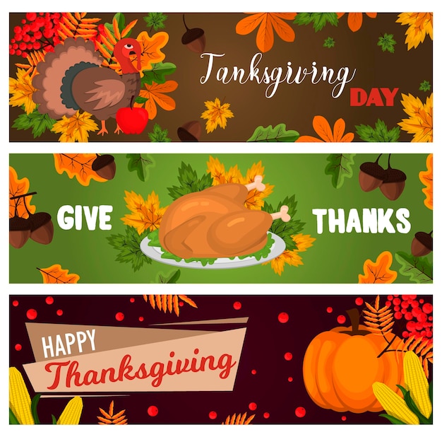 Happy thanksgiving cards celebration banner design cartoon autumn greeting harvest season holiday brochure vector illustration. traditional food dinner seasonal thanks giving poster.