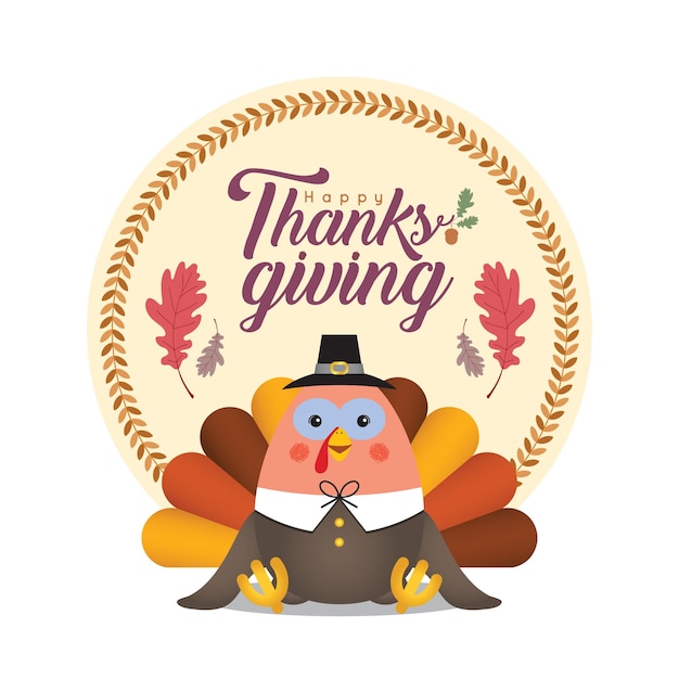 Happy thanksgiving cartoon pilgrim turkey bird with oak leaf and fall pattern border.