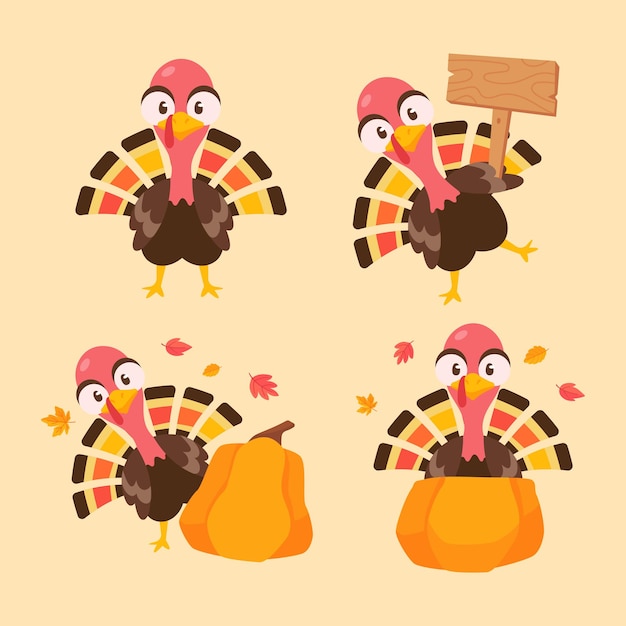 幸せな感謝祭漫画かわいい七面鳥と秋のカボチャ