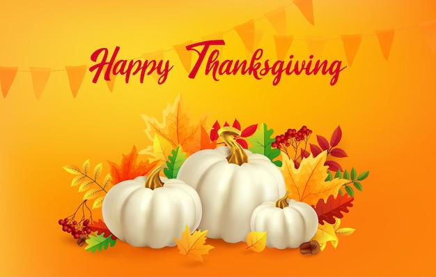 Vector happy thanksgiving celebration card with white pumpkins and autumn leaves