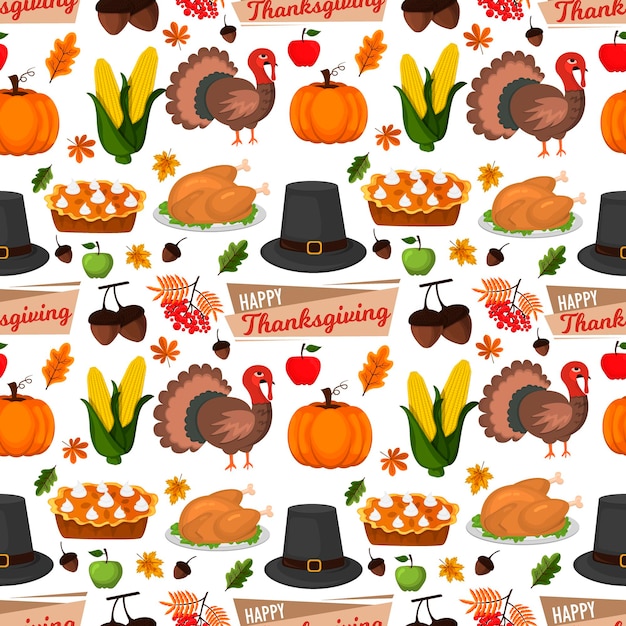 Vector happy thanksgiving celebration design cartoon autumn greeting harvest season holiday seamless pattern background vector illustration. traditional food dinner seasonal thanks giving poster.