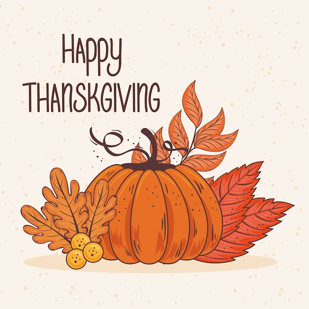 Happy thanksgiving celebration lettering card with leafs and pumpkin illustration design