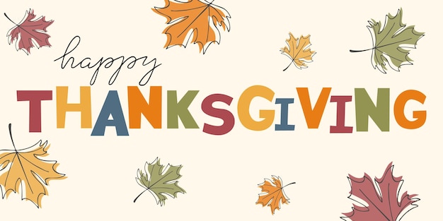 Happy Thanksgiving Colorful autumn greeting background Linear doodle style