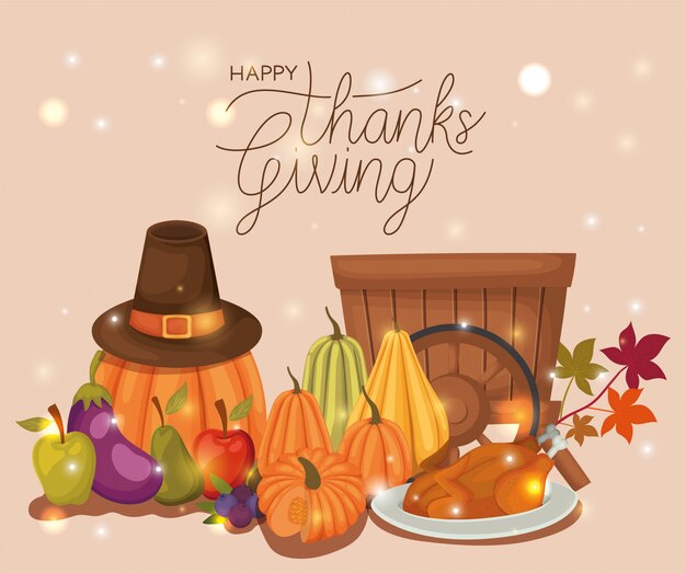 Вектор Счастливый день благодарения, осенний сезон праздничное приветствие и традиционные иллюстрации