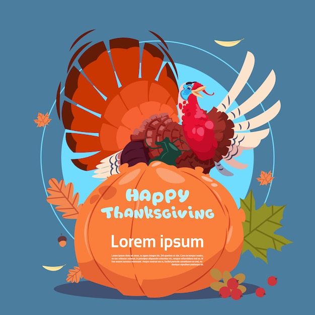 Happy thanksgiving day autumn traditional harvest greeting card with turkey